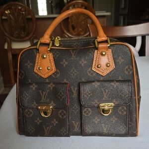 New Brown & Tan Top Handle Bag with Gold Accents